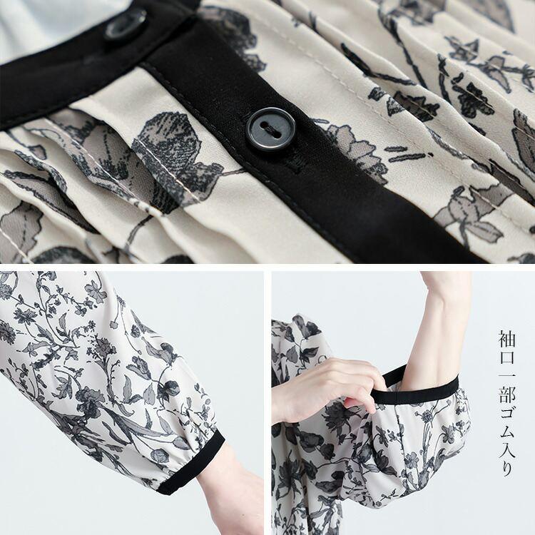 【送料無料】 花柄ピンタックワンピース 3色 M-L 洗える 八分袖 レディース トップス ワンピース Aライン ラウンドネック 総柄 花柄 ピンタック 春秋 |  | 14