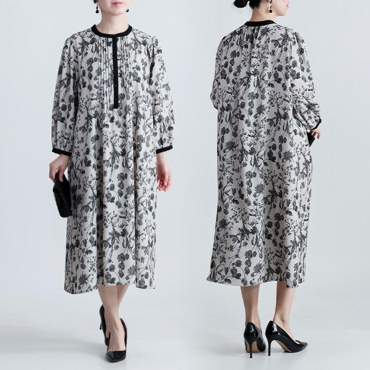 【送料無料】 花柄ピンタックワンピース 3色 M-L 洗える 八分袖 レディース トップス ワンピース Aライン ラウンドネック 総柄 花柄 ピンタック 春秋 |  | 06