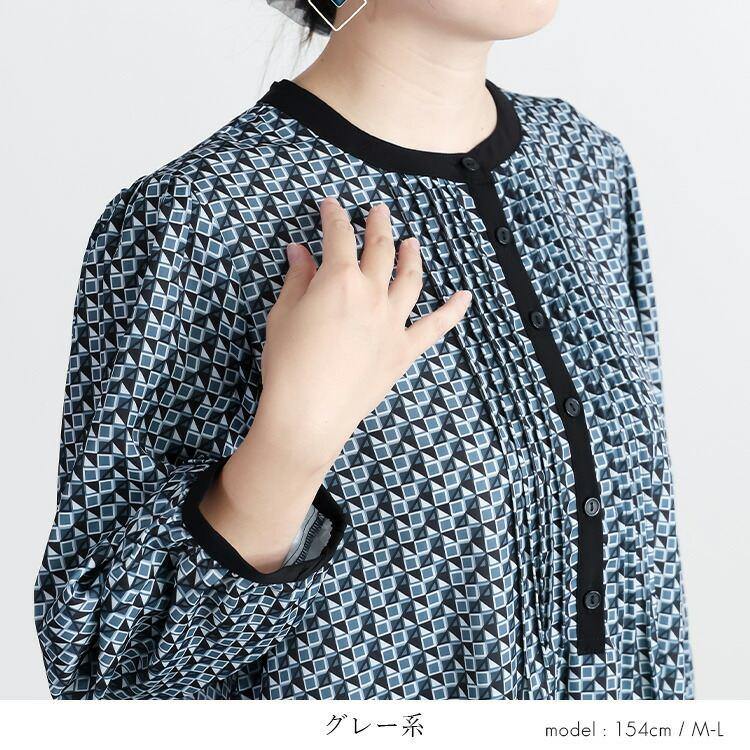 【送料無料】 幾何柄ピンタックワンピース 3色 M-L 洗える 八分袖 レディース トップス ワンピース Aライン ラウンドネック 総柄 幾何学 ピンタック 春秋 |  | 10