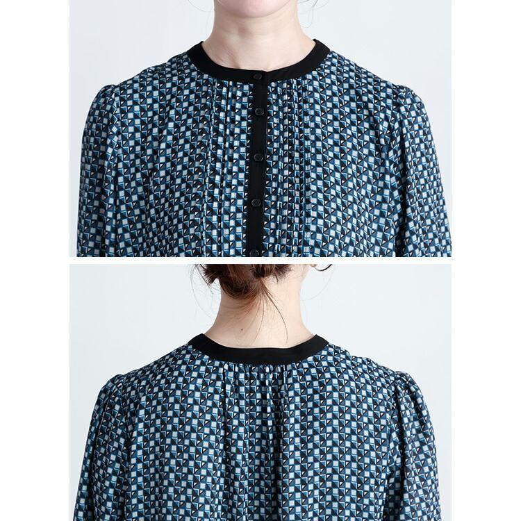 【送料無料】 幾何柄ピンタックワンピース 3色 M-L 洗える 八分袖 レディース トップス ワンピース Aライン ラウンドネック 総柄 幾何学 ピンタック 春秋 |  | 13