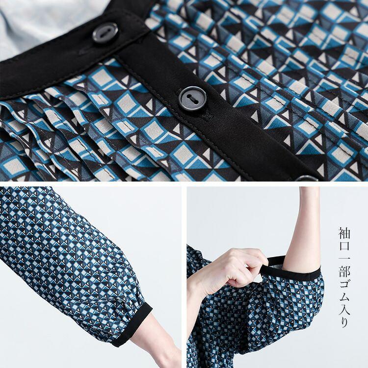 【送料無料】 幾何柄ピンタックワンピース 3色 M-L 洗える 八分袖 レディース トップス ワンピース Aライン ラウンドネック 総柄 幾何学 ピンタック 春秋 |  | 14