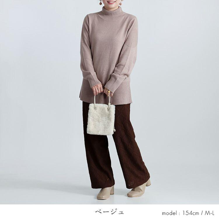 【新作】【送料無料】 袖ドット柄編みハイネックニット 5色 M-L 洗える 長袖 レディース トップス ニット ハイネック ドット柄 水玉 体型カバー 楽ちん |  | 06