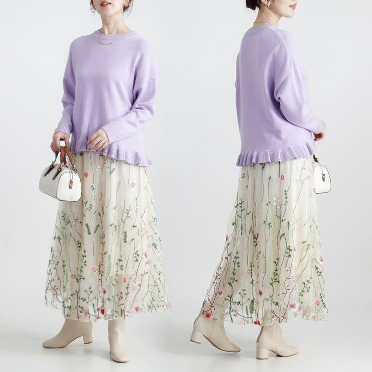 【新作】【送料無料】 裾フリル使いニット 5色 M-L 洗える 長袖 レディース トップス ニット セーター プルオーバー ドロップショルダー 体型カバー 丸首 楽ちん |  | 10