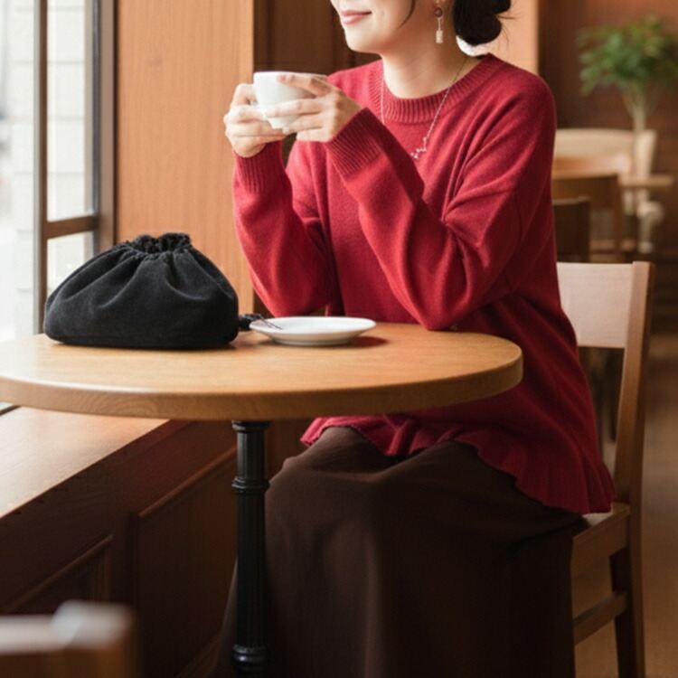 【新作】【送料無料】 裾フリル使いニット 5色 M-L 洗える 長袖 レディース トップス ニット セーター プルオーバー ドロップショルダー 体型カバー 丸首 楽ちん |  | 13