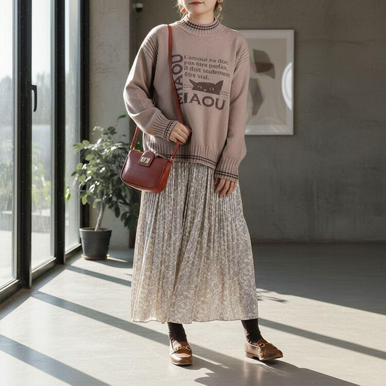 【新作】【送料無料】 ネコ柄オーバーニット 5色 M-L 洗える 長袖 スリット入り レディース トップス ニット セーター ハイネック 猫 リブ使い ライン使い |  | 11