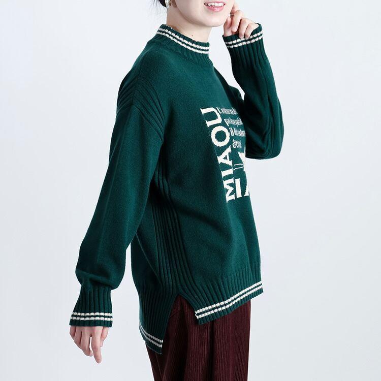 【新作】【送料無料】 ネコ柄オーバーニット 5色 M-L 洗える 長袖 スリット入り レディース トップス ニット セーター ハイネック 猫 リブ使い ライン使い |  | 13