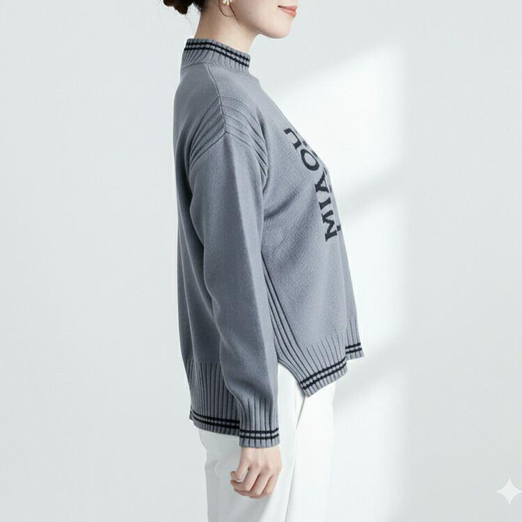 【新作】【送料無料】 ネコ柄オーバーニット 5色 M-L 洗える 長袖 スリット入り レディース トップス ニット セーター ハイネック 猫 リブ使い ライン使い |  | 05