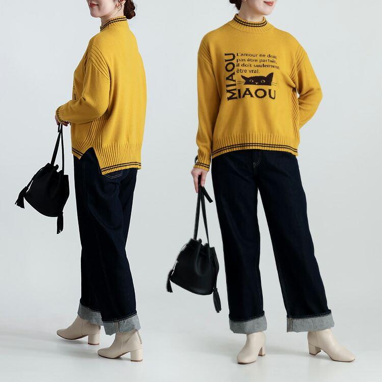 【新作】【送料無料】 ネコ柄オーバーニット 5色 M-L 洗える 長袖 スリット入り レディース トップス ニット セーター ハイネック 猫 リブ使い ライン使い |  | 07