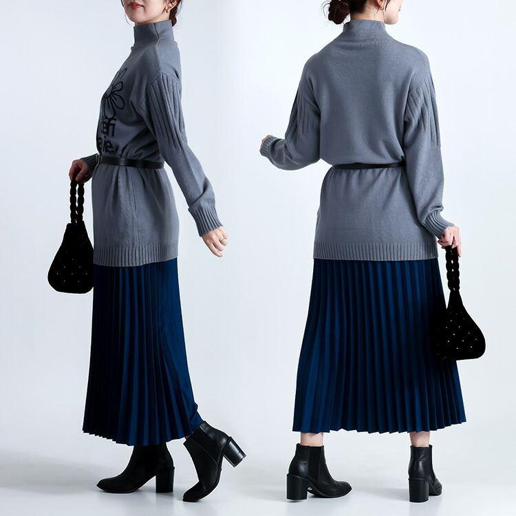 【新作】【送料無料】 ハイネック配色ロゴ＆花柄ニットチュニック 5色 M-L 洗える 長袖 レディース トップス チュニック ニット ハイネック 花柄 ロゴ |  | 11