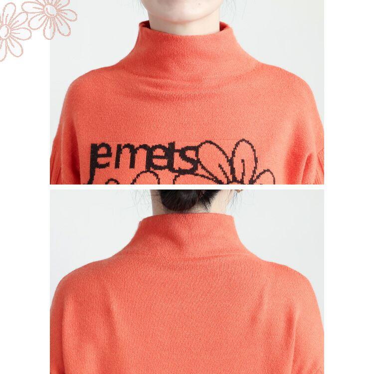 【新作】【送料無料】 ハイネック配色ロゴ＆花柄ニットチュニック 5色 M-L 洗える 長袖 レディース トップス チュニック ニット ハイネック 花柄 ロゴ |  | 15