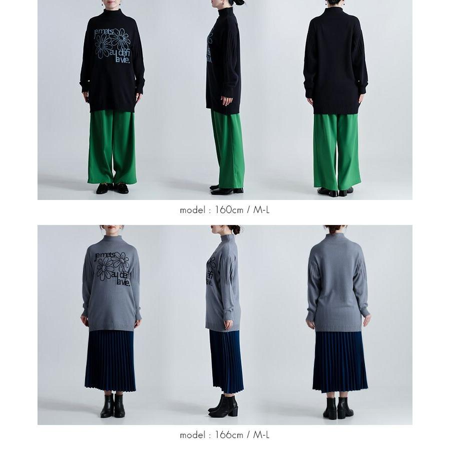 【新作】【送料無料】 ハイネック配色ロゴ＆花柄ニットチュニック 5色 M-L 洗える 長袖 レディース トップス チュニック ニット ハイネック 花柄 ロゴ |  | 17