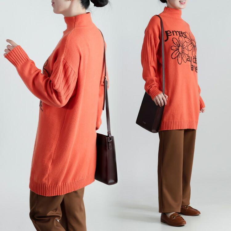 【新作】【送料無料】 ハイネック配色ロゴ＆花柄ニットチュニック 5色 M-L 洗える 長袖 レディース トップス チュニック ニット ハイネック 花柄 ロゴ |  | 09