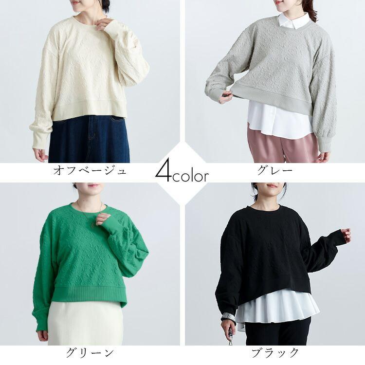 【送料無料】 フクレジャカードプルオーバー 4色 M-L 洗える 長袖 レディース トップス カットソー プルオーバー クルーネック ジャカード 端境期 春秋 |  | 01