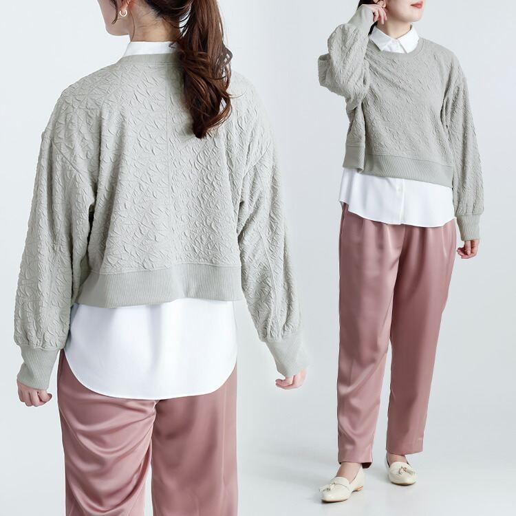 【送料無料】 フクレジャカードプルオーバー 4色 M-L 洗える 長袖 レディース トップス カットソー プルオーバー クルーネック ジャカード 端境期 春秋 |  | 08