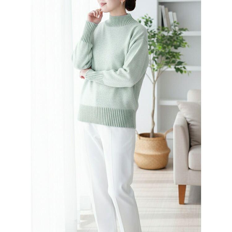 【送料無料/再入荷】プレーティングハイネックニット 4色 M-L 洗える 長袖 レディース トップス ニット セーター チュニック ハイネック タートルネック 配色 |  | 17