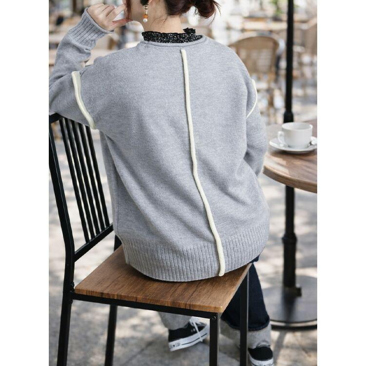 【新作】【送料無料】 ソフトニットプルオーバー 3色 M-L 洗える 長袖 レディース トップス ニット セーター チュニック ライン バイカラー 配色 ソフトタッチ |  | 10