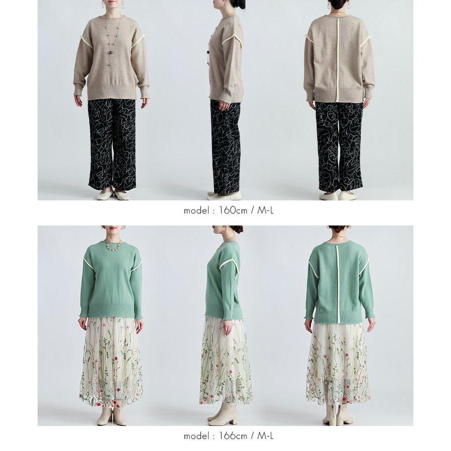 【新作】【送料無料】 ソフトニットプルオーバー 3色 M-L 洗える 長袖 レディース トップス ニット セーター チュニック ライン バイカラー 配色 ソフトタッチ |  | 16