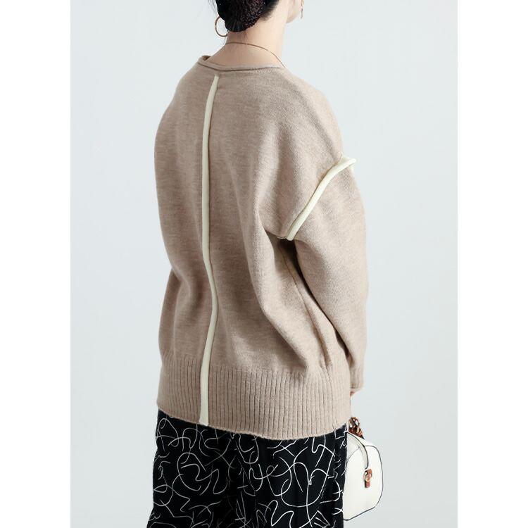 【新作】【送料無料】 ソフトニットプルオーバー 3色 M-L 洗える 長袖 レディース トップス ニット セーター チュニック ライン バイカラー 配色 ソフトタッチ |  | 07