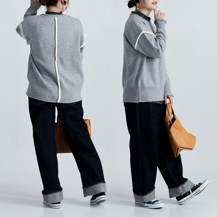 【新作】【送料無料】 ソフトニットプルオーバー 3色 M-L 洗える 長袖 レディース トップス ニット セーター チュニック ライン バイカラー 配色 ソフトタッチ |  | 09