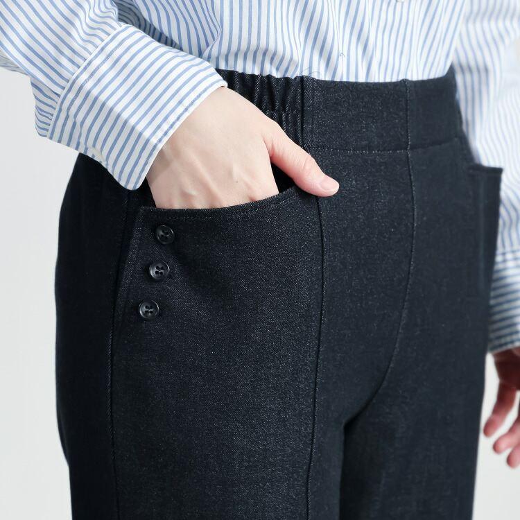 【準新作/送料無料/日本生地使用】 尾州織デニム裏起毛パンツ M-3L 洗える レディース ボトムス パンツ ストレッチパンツ デニムパンツ センター切替 冬 |  | 09