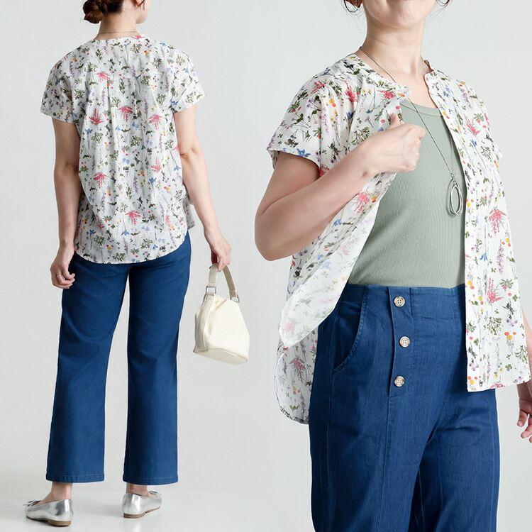 【送料無料】UVカット花柄ブラウス 4色 M L 洗える 半袖 レディース トップス ブラウス チュニック UV対策 紫外線対策 花柄 綿100％ 涼しい 軽やか ふんわり |  | 20