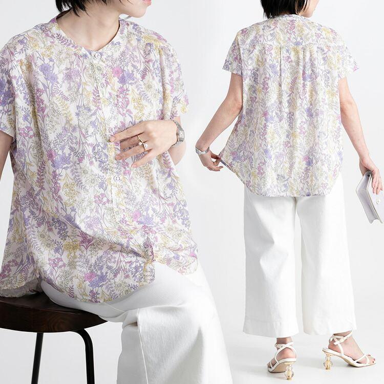 【送料無料】UVカット花柄ブラウス 4色 M L 洗える 半袖 レディース トップス ブラウス チュニック UV対策 紫外線対策 花柄 綿100％ 涼しい 軽やか ふんわり |  | 12