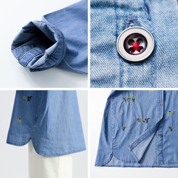 【新作/送料無料】 サボテン刺繍デニムブラウス M-LL 洗える 長袖 レディース トップス シャツ デニムシャツ ブラウス 刺しゅう 大人 春夏秋 |  | 12