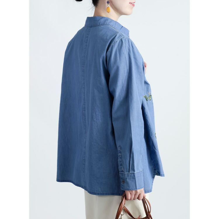 【新作/送料無料】 サボテン刺繍デニムブラウス M-LL 洗える 長袖 レディース トップス シャツ デニムシャツ ブラウス 刺しゅう 大人 春夏秋 |  | 07