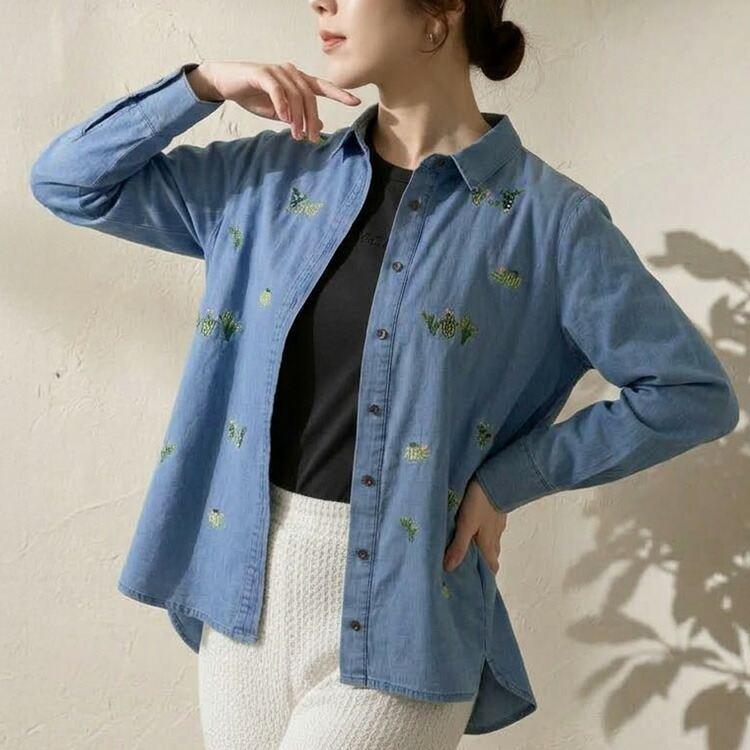【新作/送料無料】 サボテン刺繍デニムブラウス M-LL 洗える 長袖 レディース トップス シャツ デニムシャツ ブラウス 刺しゅう 大人 春夏秋 |  | 09