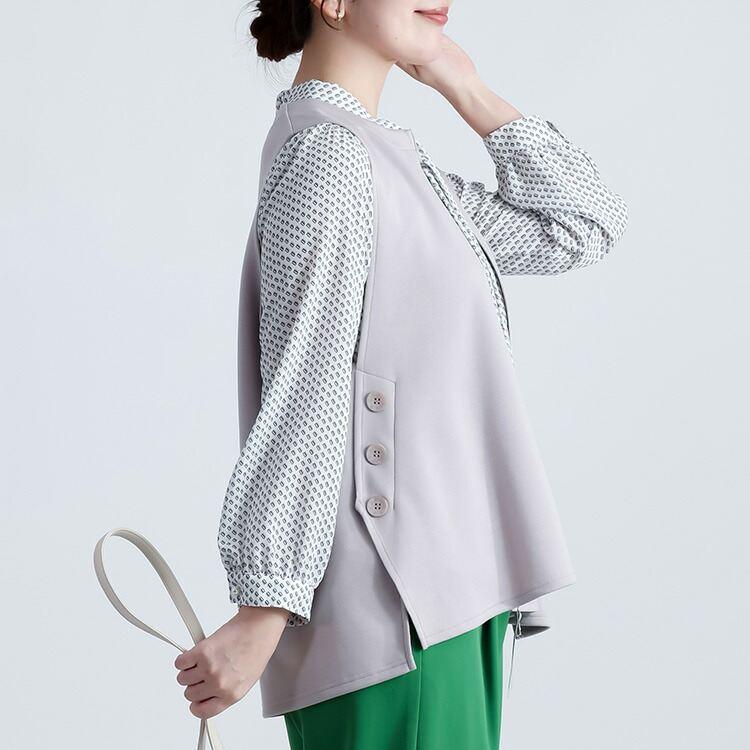 【新作】【送料無料】釦デザインダンボールニットベスト 3色 M-LL 洗える レディース トップス ベスト クルーネック 体型カバー お尻隠し ダンボールニット |  | 05