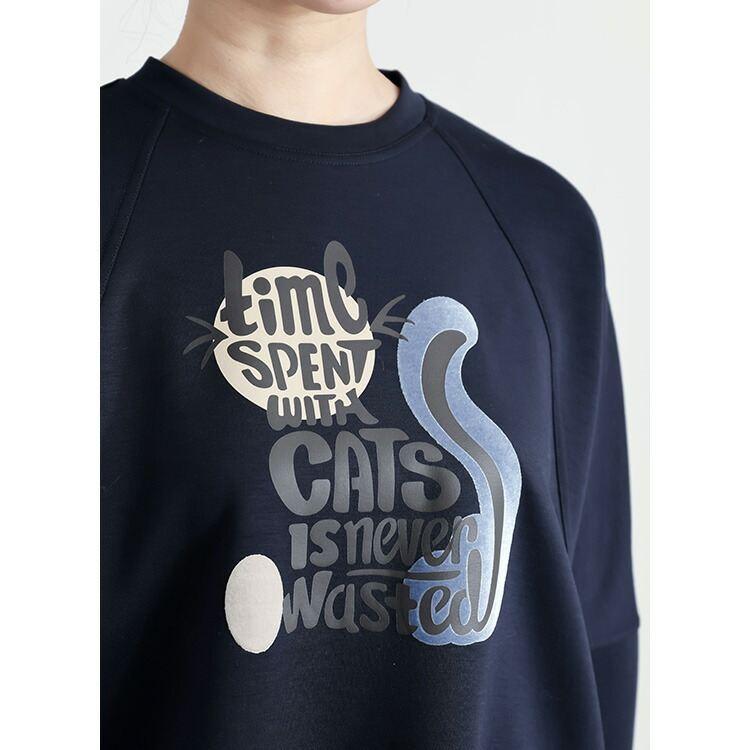 【新作】【送料無料】 キャット柄プルオーバー 2色 洗える 長袖 オーバーサイズ レディース トップス プルオーバー スウェット トレーナー 体型カバー |  | 11