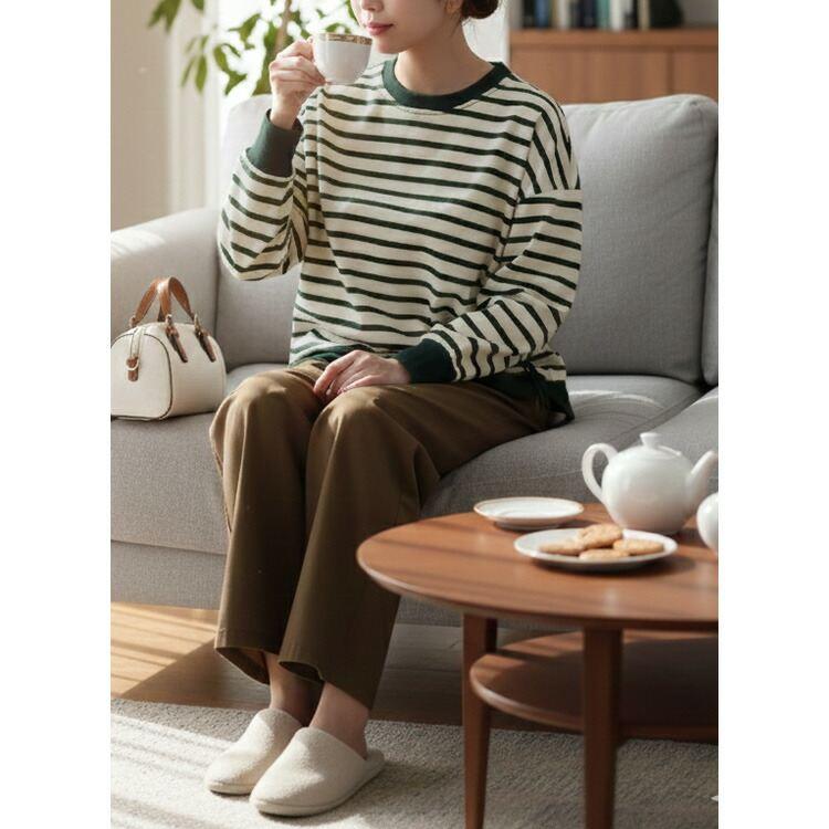 【新作】【送料無料】 ボーダープルオーバー 2色 M-L 洗える 長袖 レディース トップス カットソー プルオーバー チュニック ストレッチ クルーネック 楽ちん |  | 11