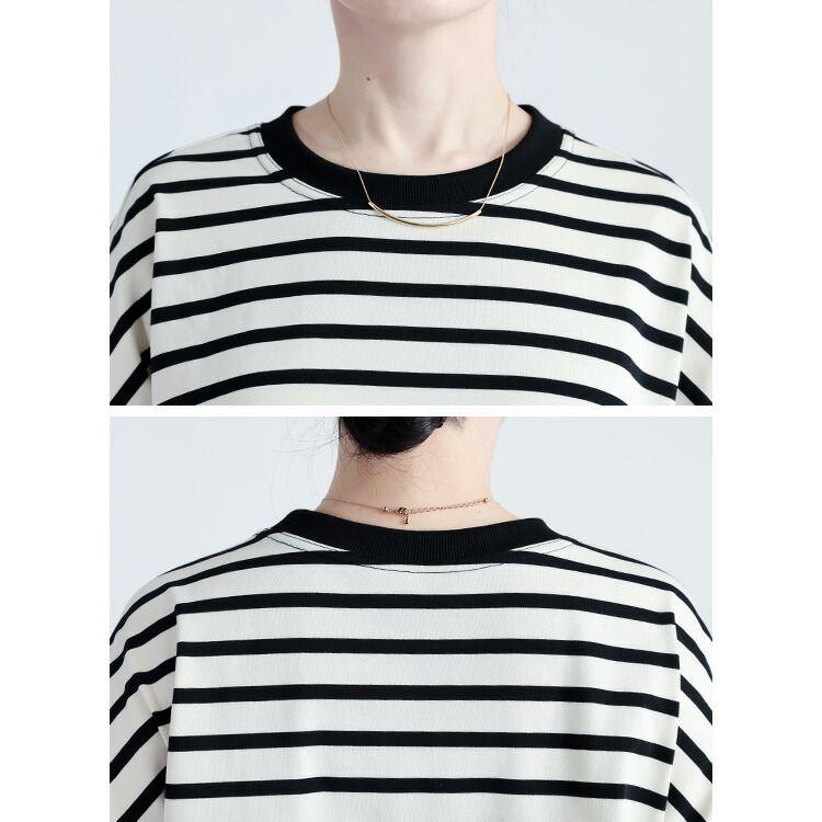 【新作】【送料無料】 ボーダープルオーバー 2色 M-L 洗える 長袖 レディース トップス カットソー プルオーバー チュニック ストレッチ クルーネック 楽ちん |  | 12