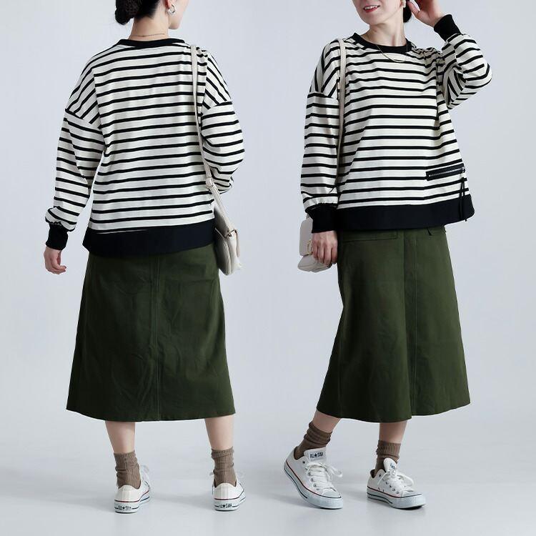 【新作】【送料無料】 ボーダープルオーバー 2色 M-L 洗える 長袖 レディース トップス カットソー プルオーバー チュニック ストレッチ クルーネック 楽ちん |  | 05