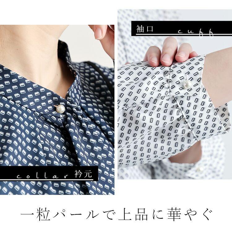【送料無料】パール使い幾何柄ボウタイブラウス 3色 M L 洗える 長袖 レディース トップス ブラウス チュニック ボウタイ リボン プリント パール釦 春秋 |  | 06