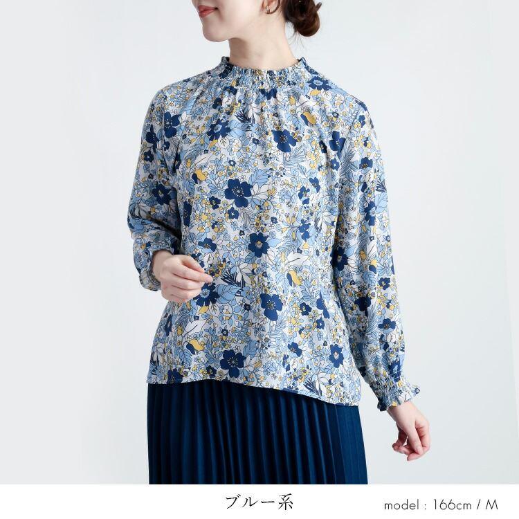【新作】【送料無料】 花柄シャーリングブラウス 3色 M L 洗える 長袖 レディース トップス ブラウス チュニック スタンドカラー フリル衿 とろみ素材 楽ちん |  | 10