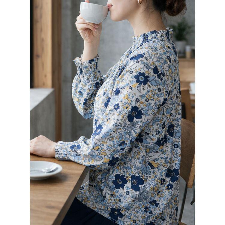 【新作】【送料無料】 花柄シャーリングブラウス 3色 M L 洗える 長袖 レディース トップス ブラウス チュニック スタンドカラー フリル衿 とろみ素材 楽ちん |  | 11