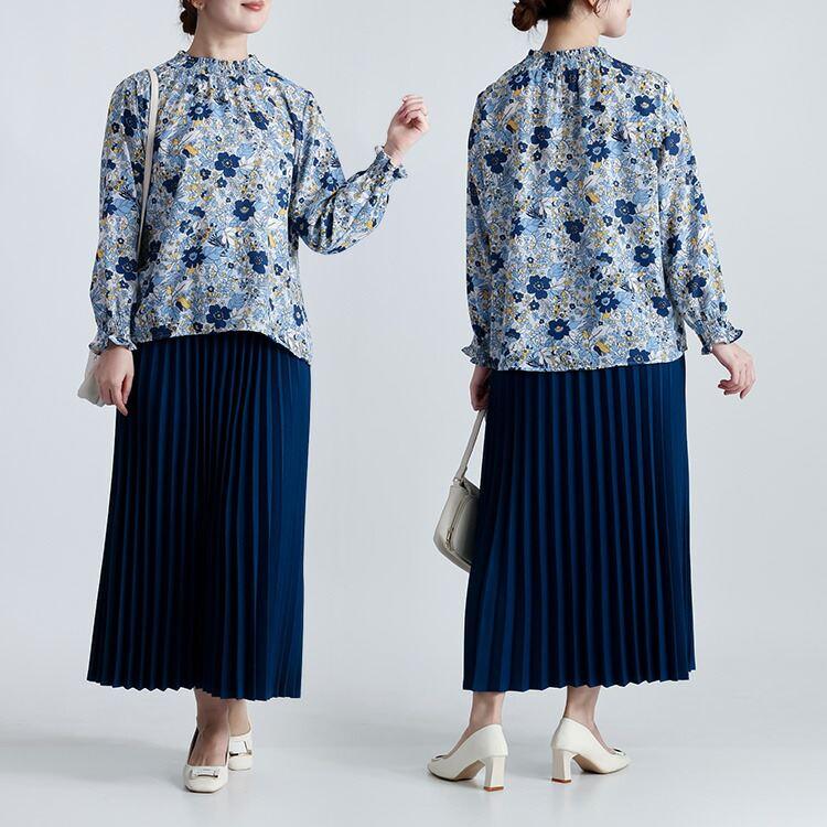 【新作】【送料無料】 花柄シャーリングブラウス 3色 M L 洗える 長袖 レディース トップス ブラウス チュニック スタンドカラー フリル衿 とろみ素材 楽ちん |  | 12