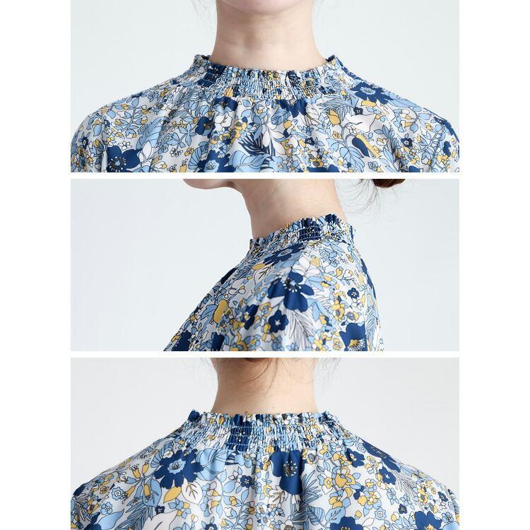 【新作】【送料無料】 花柄シャーリングブラウス 3色 M L 洗える 長袖 レディース トップス ブラウス チュニック スタンドカラー フリル衿 とろみ素材 楽ちん |  | 13