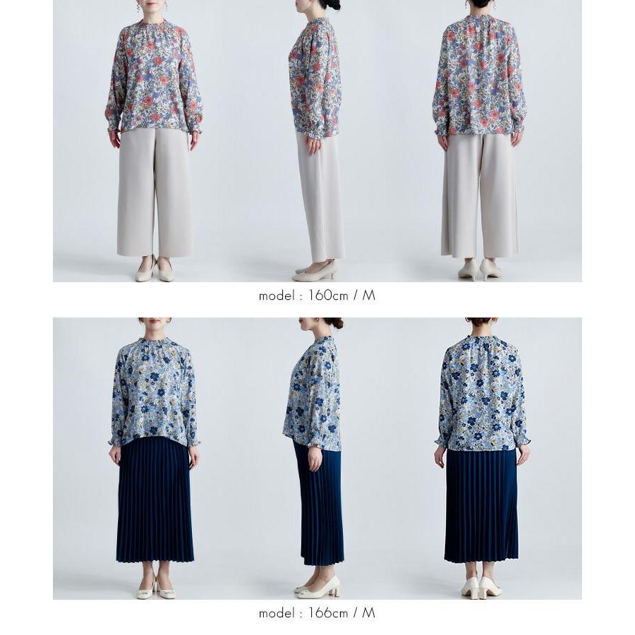 【新作】【送料無料】 花柄シャーリングブラウス 3色 M L 洗える 長袖 レディース トップス ブラウス チュニック スタンドカラー フリル衿 とろみ素材 楽ちん |  | 15