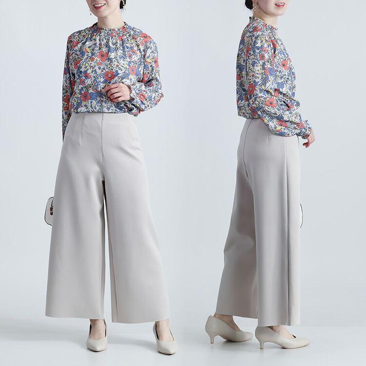 【新作】【送料無料】 花柄シャーリングブラウス 3色 M L 洗える 長袖 レディース トップス ブラウス チュニック スタンドカラー フリル衿 とろみ素材 楽ちん |  | 06