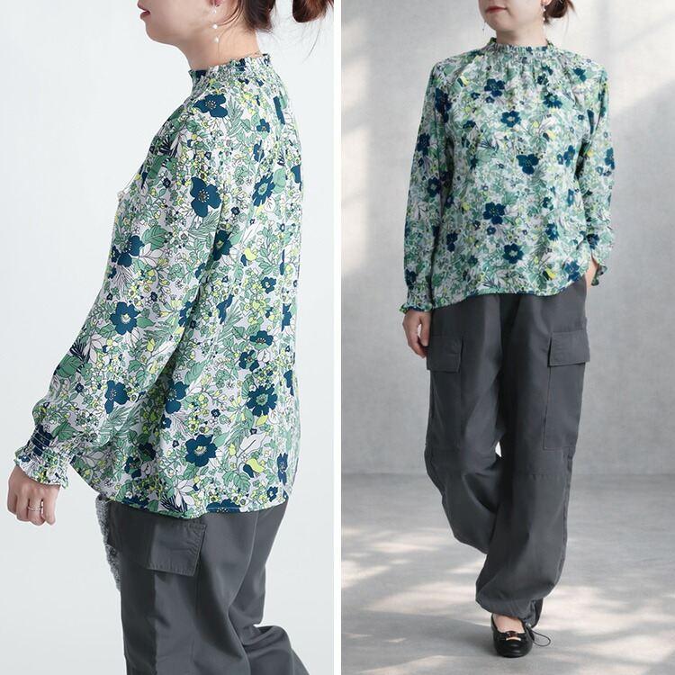 【新作】【送料無料】 花柄シャーリングブラウス 3色 M L 洗える 長袖 レディース トップス ブラウス チュニック スタンドカラー フリル衿 とろみ素材 楽ちん |  | 09