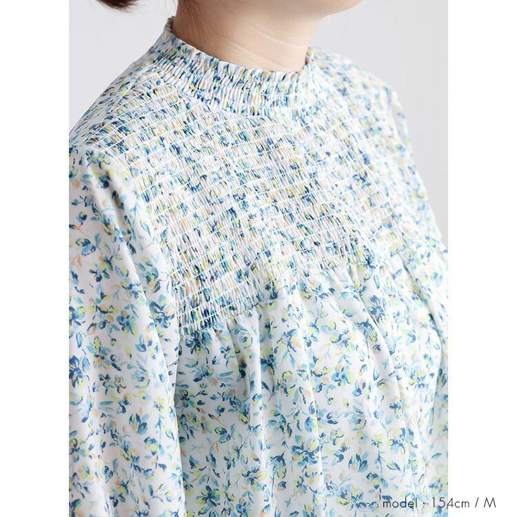 【新作】【送料無料】 小花柄シャーリングブラウス 2色 M L 洗える 長袖 レディース トップス ブラウス チュニック スタンドカラー フリル衿 とろみ素材 楽ちん |  | 11