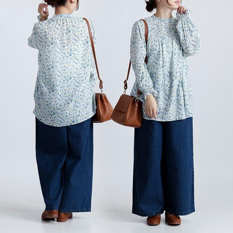 【新作】【送料無料】 小花柄シャーリングブラウス 2色 M L 洗える 長袖 レディース トップス ブラウス チュニック スタンドカラー フリル衿 とろみ素材 楽ちん |  | 12