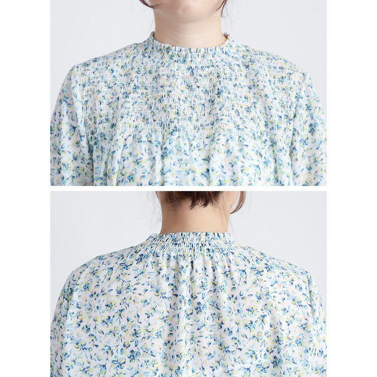 【新作】【送料無料】 小花柄シャーリングブラウス 2色 M L 洗える 長袖 レディース トップス ブラウス チュニック スタンドカラー フリル衿 とろみ素材 楽ちん |  | 13