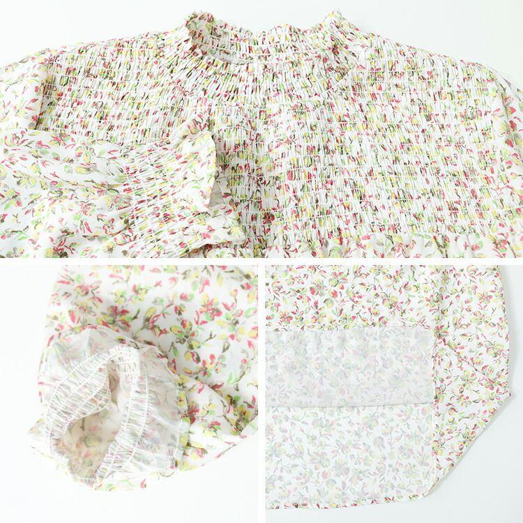 【新作】【送料無料】 小花柄シャーリングブラウス 2色 M L 洗える 長袖 レディース トップス ブラウス チュニック スタンドカラー フリル衿 とろみ素材 楽ちん |  | 14