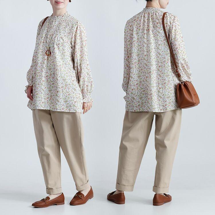 【新作】【送料無料】 小花柄シャーリングブラウス 2色 M L 洗える 長袖 レディース トップス ブラウス チュニック スタンドカラー フリル衿 とろみ素材 楽ちん |  | 08