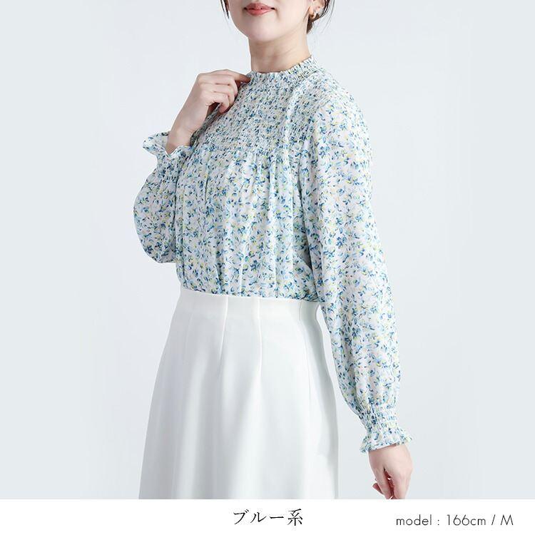 【新作】【送料無料】 小花柄シャーリングブラウス 2色 M L 洗える 長袖 レディース トップス ブラウス チュニック スタンドカラー フリル衿 とろみ素材 楽ちん |  | 09