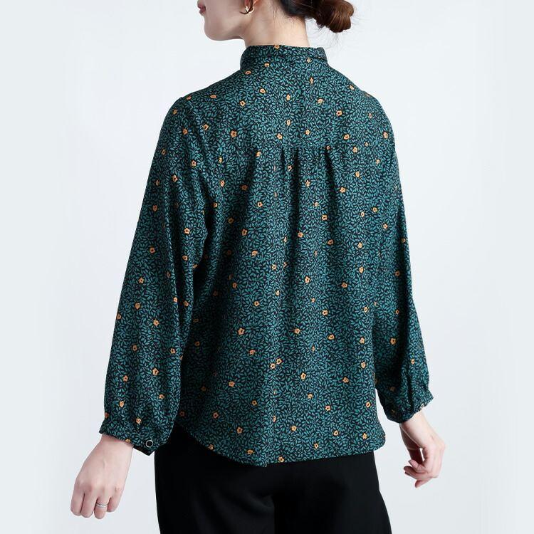 【新作】【送料無料】 シャーリングボタニカルブラウス 2色 M L 洗える 長袖 レディース トップス ブラウス チュニック 小さめ衿 スモールカラー とろみ素材 |  | 11