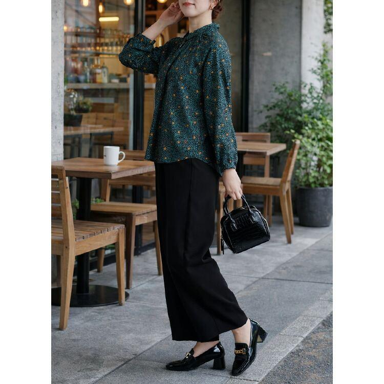 【新作】【送料無料】 シャーリングボタニカルブラウス 2色 M L 洗える 長袖 レディース トップス ブラウス チュニック 小さめ衿 スモールカラー とろみ素材 |  | 12